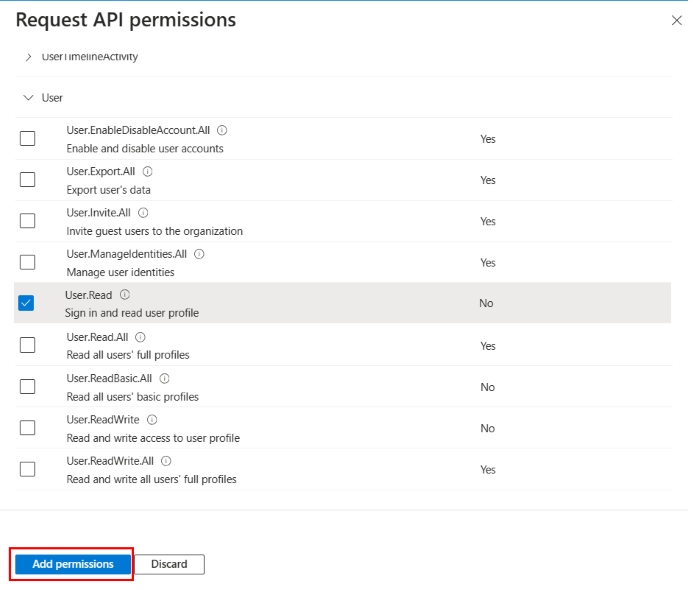 Screenshot show the option to select permissions.