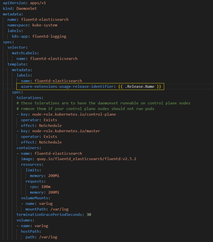 A screenshot of CPU resource requests in a daemonsets.yaml file. The content resembles the sample daemonsets.yaml file linked in this article.