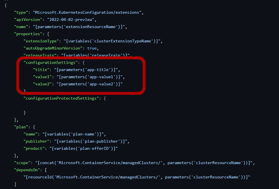 A screenshot of the Azure Resource Manager template example linked in this article. Under 'configurationSettings', the parameters for application title, 'value1', and 'value2' are shown.