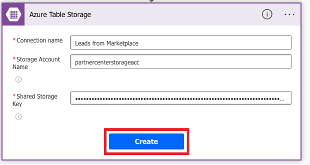 Azure Table Storage window