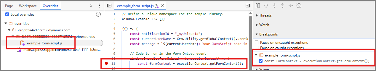 Screenshot of the DevTools editor with a breakpoint in the Example.formOnLoad event handler.