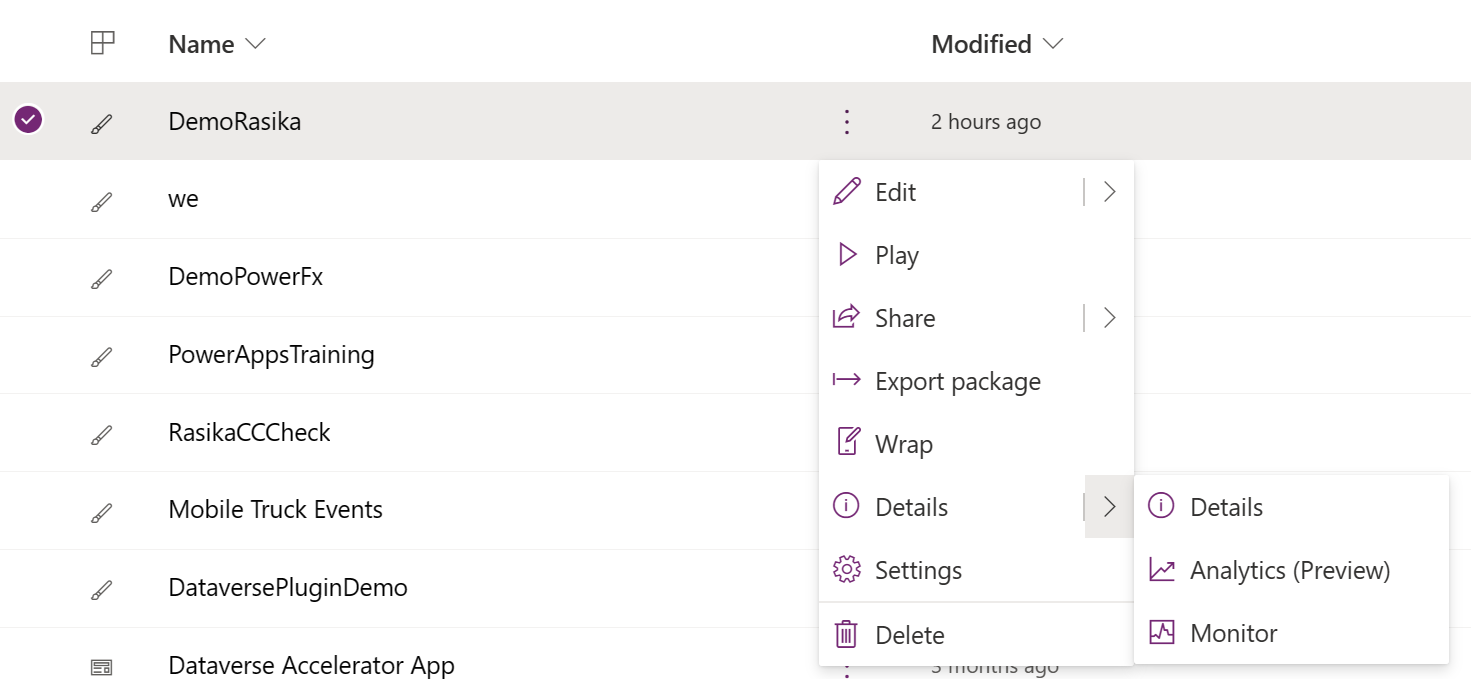 Snímka obrazovky Power Apps s otvoreným kontextovým menu, kde je v menu zobrazený monitor .