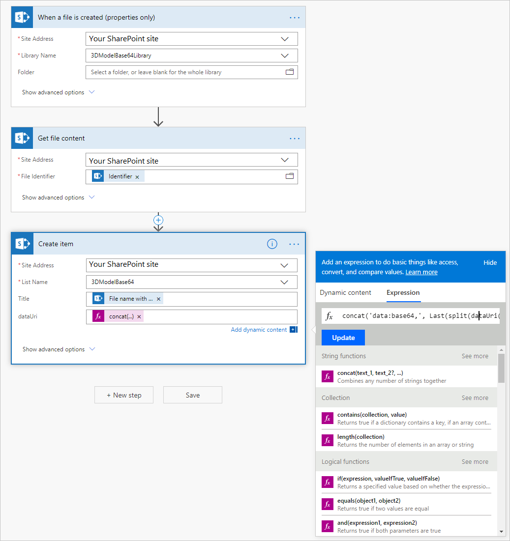 Snímka obrazovky pracovného postupu Power Automate, ktorá zobrazuje kroky na prevod súborov 3D modelov v knižnici dokumentov SharePoint do formátu Base64.