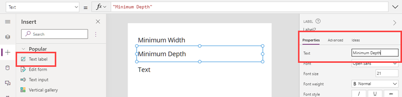 Snímka obrazovky vytváraného označenia textu v aplikácii Microsoft Power Apps Studio, zobrazená spolu s jeho vlastnosťami.