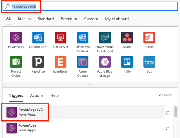 Snímka obrazovky editovacieho okna Power Automate s vybraným spúšťačom PowerApps (v2).