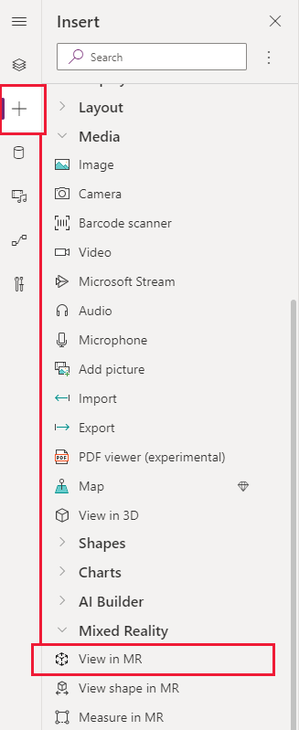 Snímka obrazovky karty Vložiť v Power Apps Studio, ktorá zobrazuje, kde nájdete zobrazenie v ovládacom prvku MR.