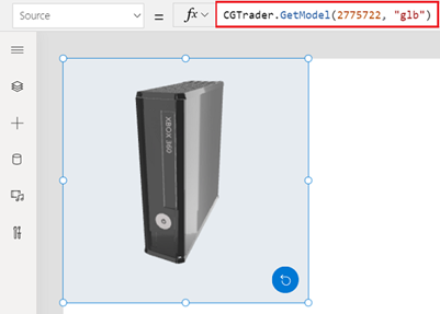 Snímka obrazovky ovládacieho prvku 3D objektu sa pripravuje v Microsoft Power Apps Studio, zobrazené s vlastnosťou Zdroj nastavenou na model CGTrader.