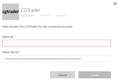 Snímka obrazovky okna účtu konektora CGTrader.