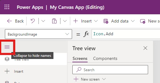 Snímka obrazovky, ktorá ukazuje, kde vybrať ikonu stromového zobrazenia, aby sa ponuka zbalila.