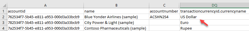 Vzorový exportný súbor z  účtu tabuľky zobrazujúcej názov meny ako prirodzený kľúč.