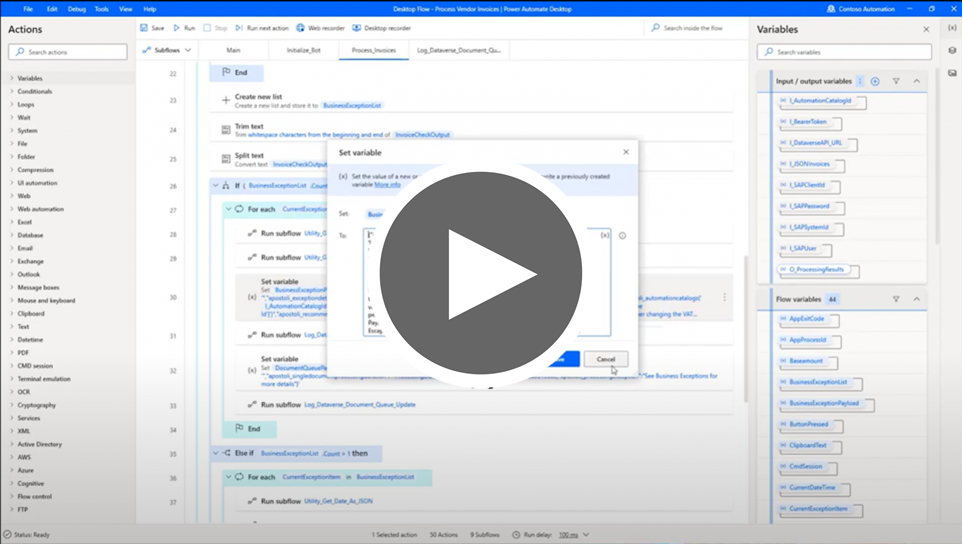 Snímka z ponuky Build & testovacie video, ktoré ukazuje tok pracovnej plochy, ktorý je zabudovaný Power Automate pre desktop