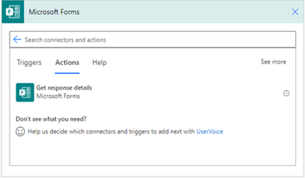 Snímka obrazovky akcie Microsoft Forms na  Power Automate plátne.