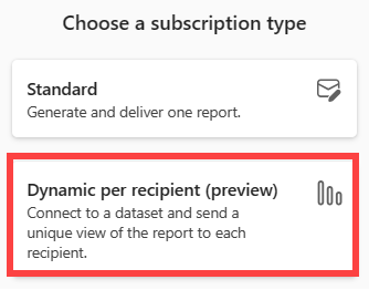 Snímka obrazovky služba Power BI zobrazujúca obrazovku Nové predplatné a možnosť Dynamické pre každého príjemcu.