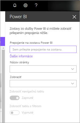 Snímka obrazovky zobrazujúca vlastnosti novej webovej časti SharePointu so zvýrazneným prepojením na zostavu Power BI.