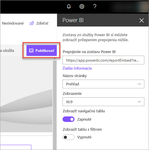 Snímka obrazovky prepojenia na zostavu Power BI zobrazujúca vybratú možnosť Publikovať.