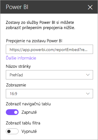 Snímka obrazovky dialógového okna vlastností novej webovej časti SharePointu so zvýrazneným prepojením na zostavu Power BI.