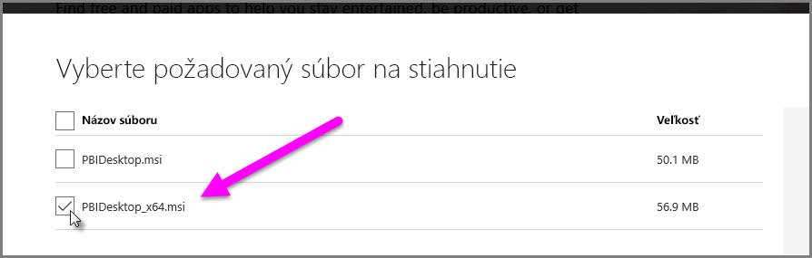 Snímka obrazovky zobrazujúca výber bitovej verzie stiahnutia aplikácie Power BI Desktop.