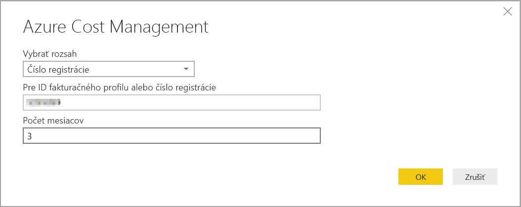Snímka obrazovky znázorňujúca vlastnosti služby Microsoft Cost Management s oblasťou Číslo registrácie.