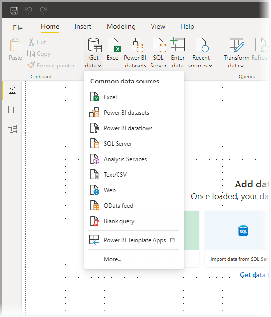 Snímka obrazovky zobrazujúca položku Získať údaje a ponuku Typy common data types v aplikácii Power BI Desktop.