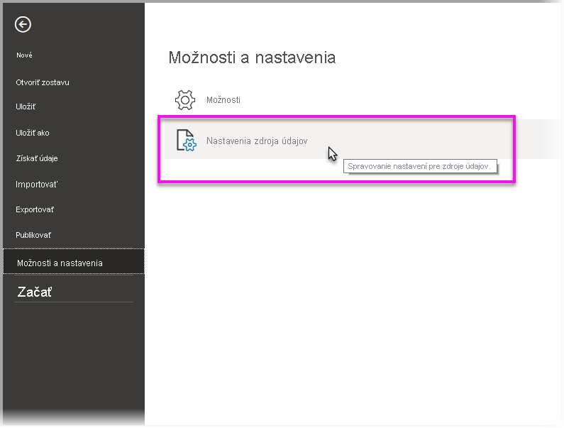 Snímka obrazovky znázorňujúca výber nastavení zdroja údajov v časti Možnosti a nastavenia.