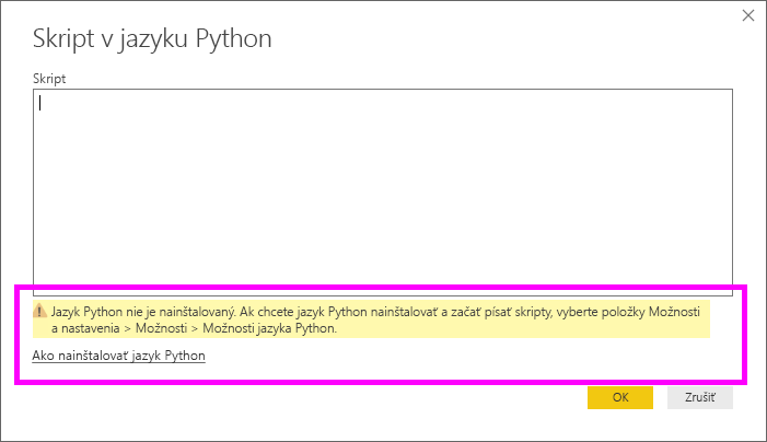 Snímka obrazovky s upozornením, že python nie je nainštalovaný.