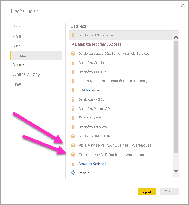 Snímka obrazovky znázorňujúca možnosti Získať údaje pre SAP.