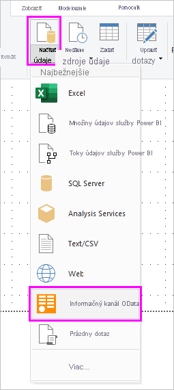 Screenshot that highlights the OData Feed option.