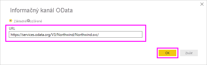 Screenshot that highlights the URL field in the OData feed dialog box.