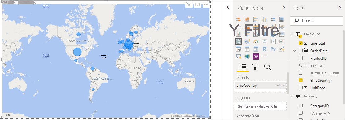 Screenshot that shows the LineTotals by ShipCountry map visualization.