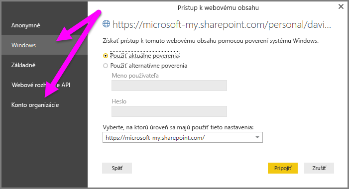 Screenshot of the Power BI Desktop credential prompt, showing Windows or Organizational account selection.