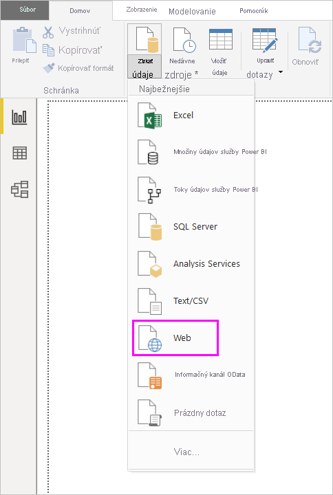 Screenshot of the Get Data ribbon in Power BI Desktop, showing the Web selection.