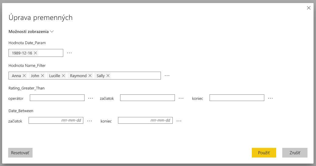 Screenshot that shows the Edit variables dialog box in the Power BI service.