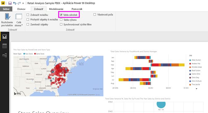 Screenshot showing how to turn on the Bookmarks pane in Power BI Desktop.