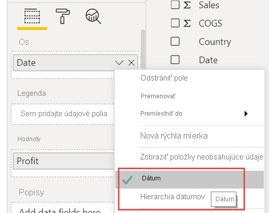 Snímka obrazovky znázorňujúca zmenu hierarchie dátumov na možnosť Dátum.