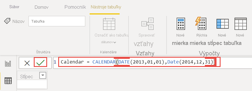 Snímka obrazovky kalendára výrazov jazyka DAX.