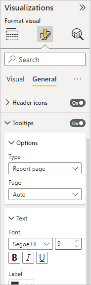 Screenshot of the Visualizations Pane's Tooltips dropdown menu.