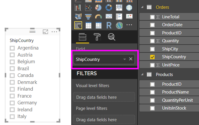 Snímka obrazovky znázorňujúca pole, ktoré bolo pridané do rýchleho filtra v aplikácii Power BI Desktop.