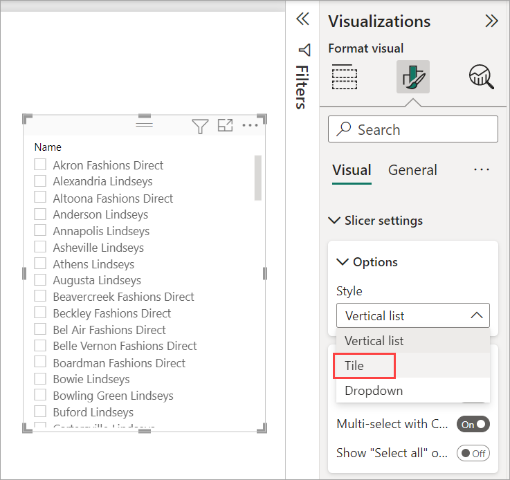 Snímka obrazovky znázorňuje nastavenie štýlu rýchleho filtra na dlaždicu v aplikácii Power BI Desktop.