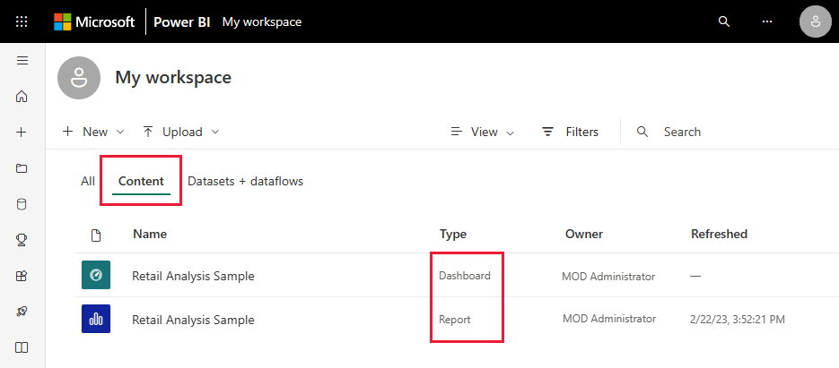 Screenshot showing the Retail Analysis Sample Content tab with dashboard and report entries.