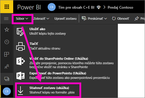 Snímka obrazovky ponuky Súbor v služba Power BI so zvýraznenou možnosťou Stiahnuť súbor PBIX.