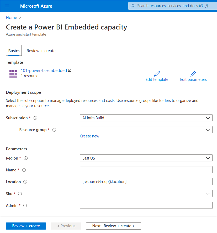 Snímka obrazovky zobrazuje kartu Základy stránky kapacity služby Power BI Embedded na vytvorenie novej kapacity na portáli Azure.