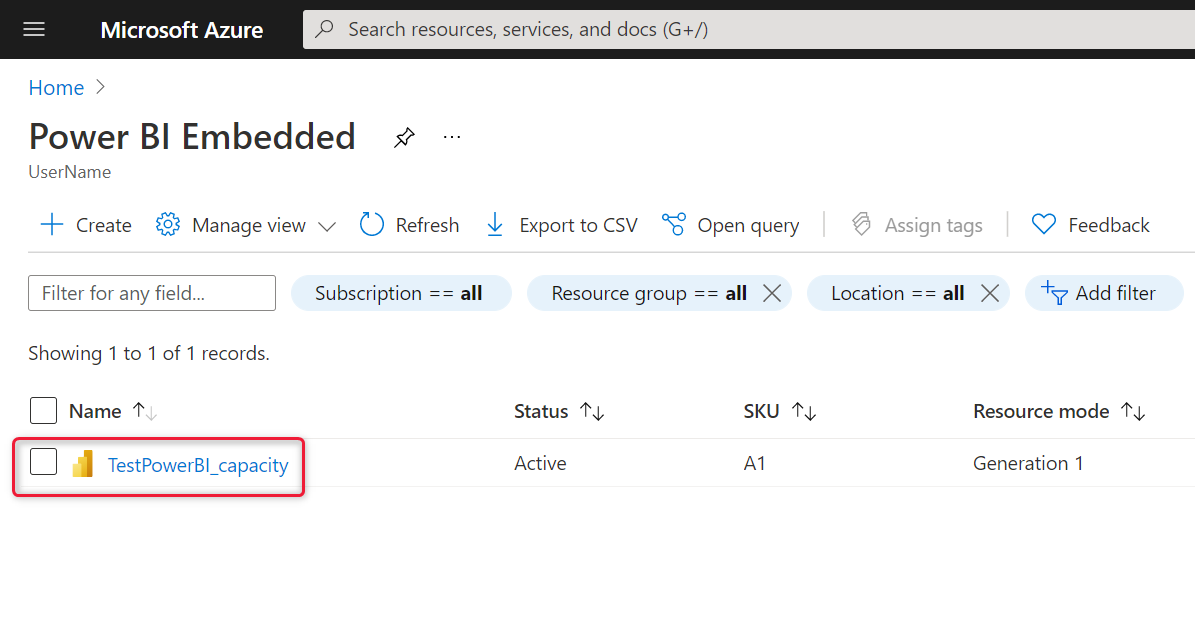 Screenshot of the Azure portal, which shows the Power BI Embedded capacity list.