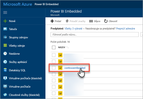 Screenshot of the Azure portal, which shows the list of Power BI Embedded capacities.