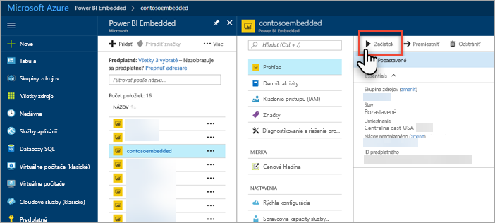 Screenshot of the Azure portal, which shows the highlighted Start button.