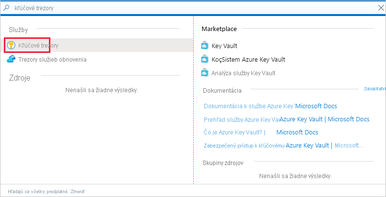 Snímka obrazovky okna portálu Azure, ktorá zobrazuje prepojenie na službu trezora kľúčov v zozname Služby.