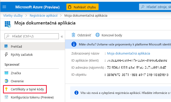 Snímka obrazovky okna portálu Azure, ktorá zobrazuje tablu certifikáty a tajné kódy pre aplikáciu.