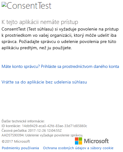 Snímka obrazovky dialógového okna prihlásenia na portál Azure, v ktorom sa zobrazuje chyba povolenia Consent Test (Test súhlasu).