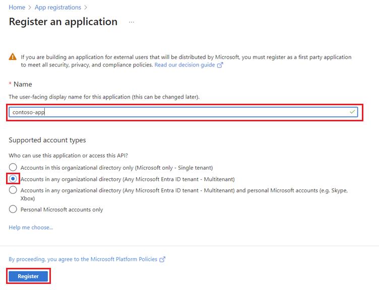 Snímka obrazovky znázorňujúca stránku Registrácia aplikácie registračnej aplikácie Microsoft Entra ID.