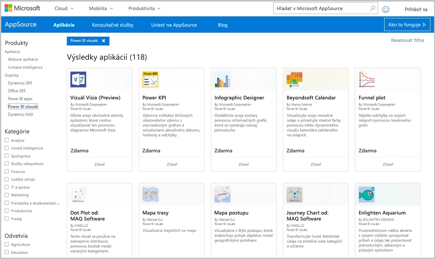 Snímka obrazovky s vizuálmi služby Power BI na lokalite AppSource