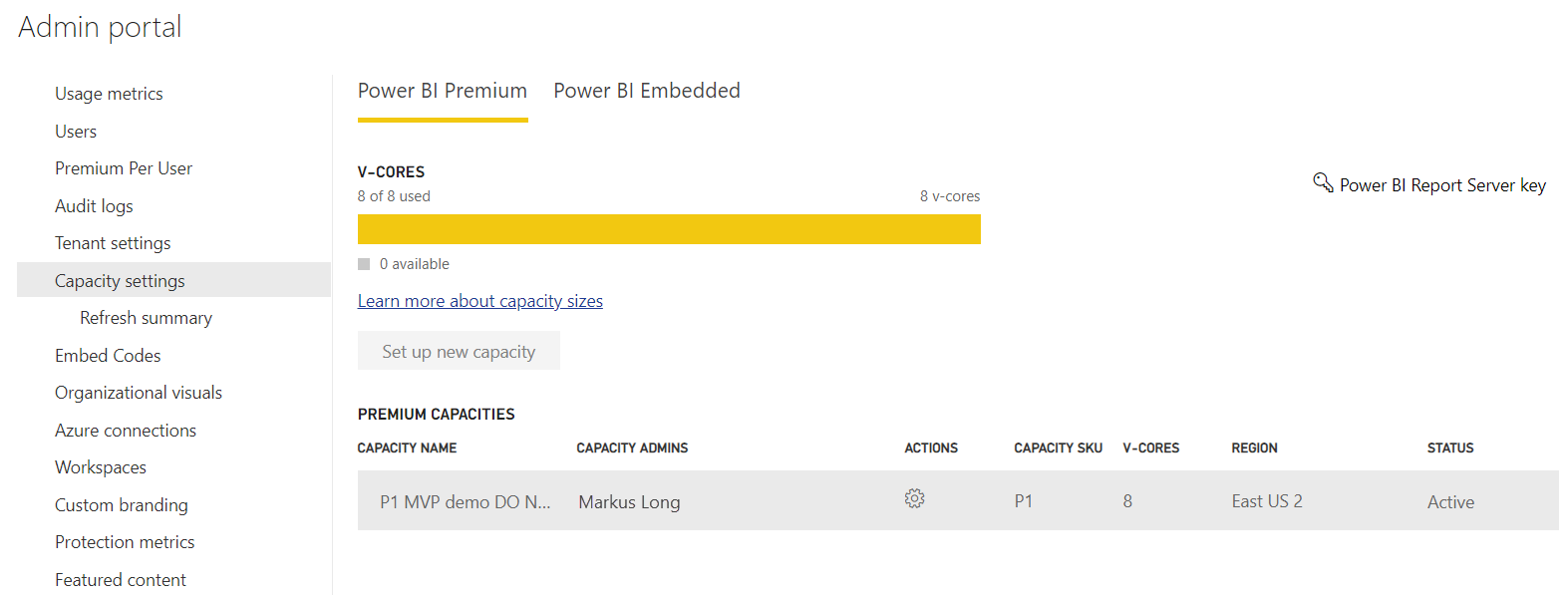 Snímka obrazovky zobrazujúca obrazovku s nastaveniami kapacity Power BI Premium.
